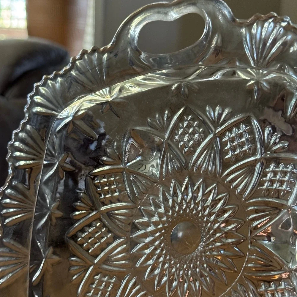 Vintage Glass Serving Tray with Handles Ornate‎ Starburst Pattern Home Decor